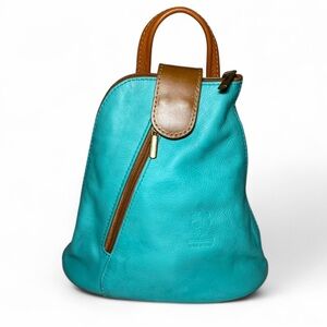 Vera Pelle Mini Backpack Bag Genuine Leather Teal Brown Adjustable Strap Italy